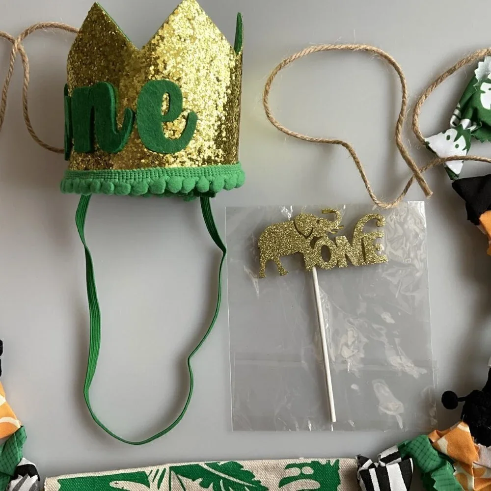 1ST BIRTHDAY PARTY FOREST JUNGLE SAFARI THEME DECORATIONS BANNER, CROWN, CAKE T